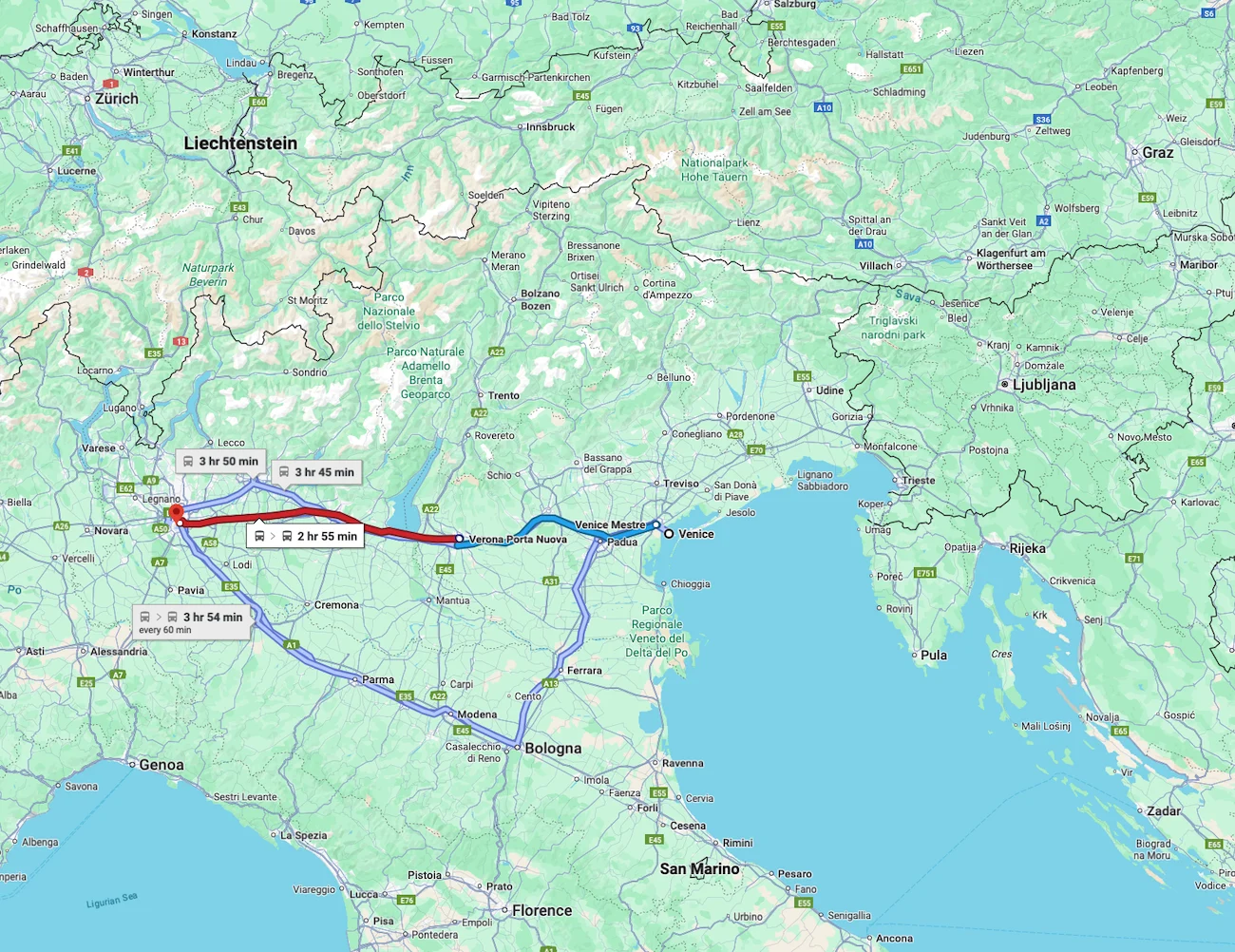Milan to Venice Train Map route